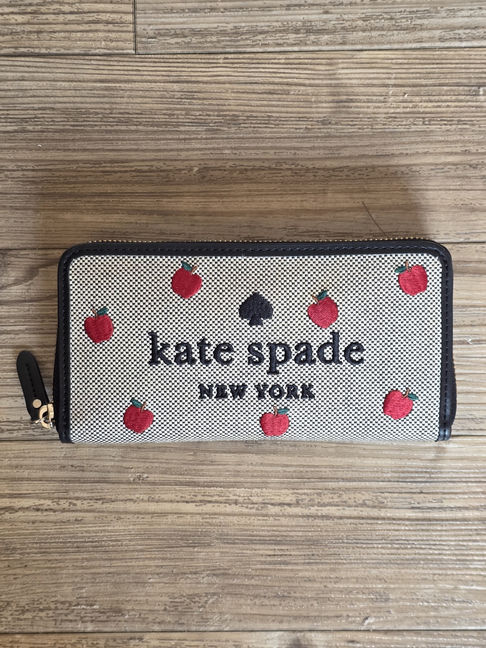 kate spade Canvas Zip Wallet with Red Apple Embroidery